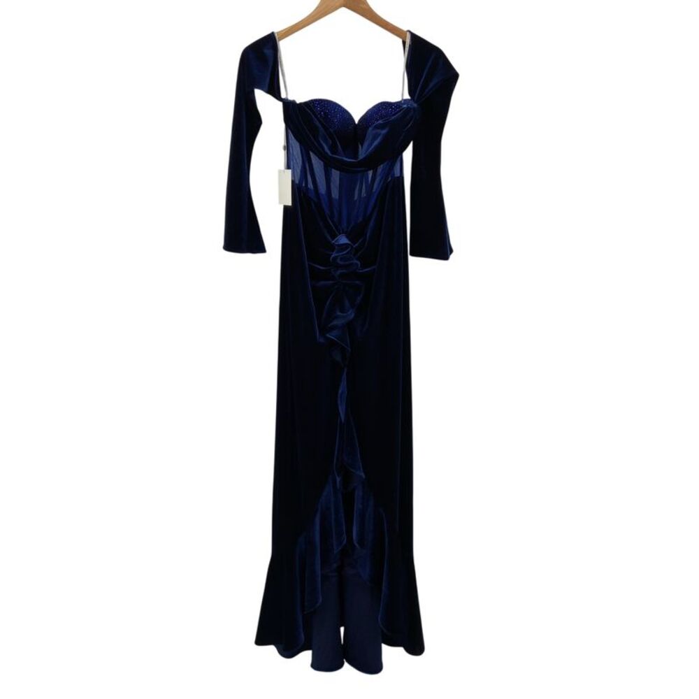 Miss Circle Taylee Navy Long-sleeve Off-the-shoulder Corset Velvet Gown Blue XL